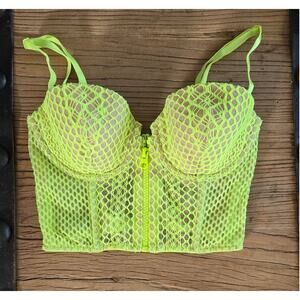 Victoria's Secret Lined Demi Bustier Long Line Bra Neon Green Yellow Mesh sz 32D